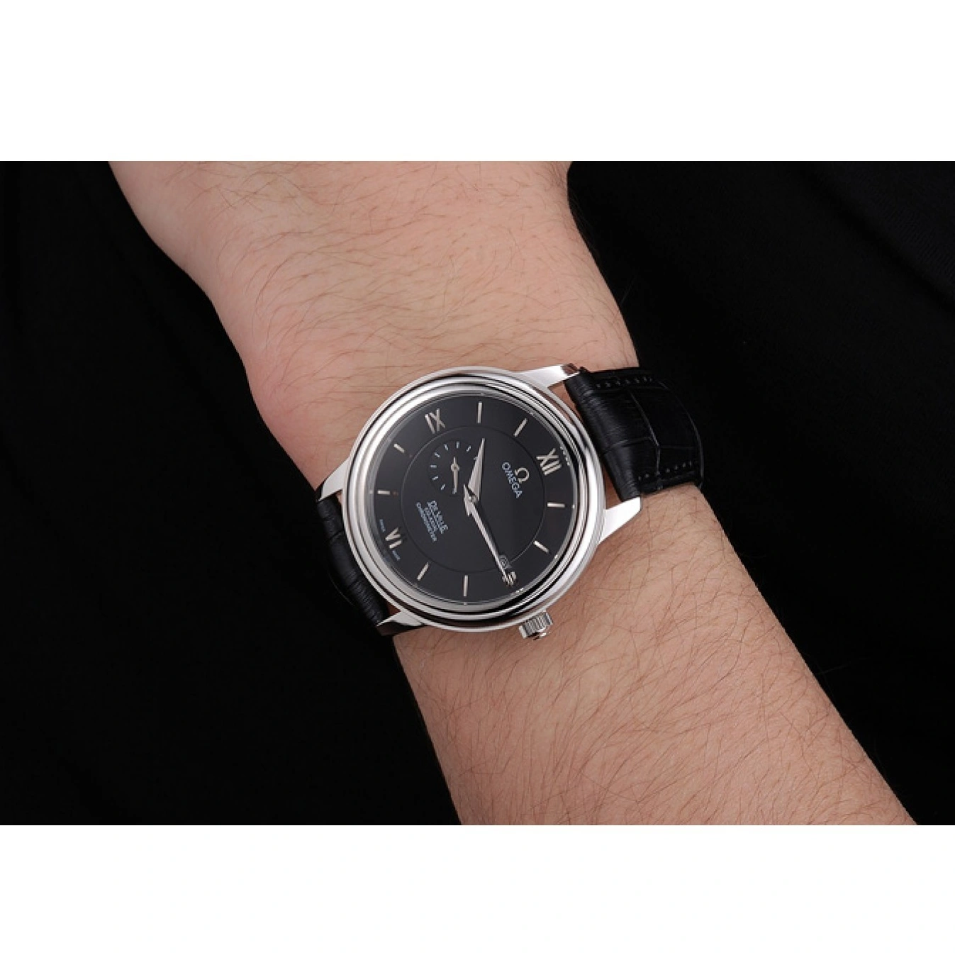 1015 Omega De Ville Prestige Co-Axial Black Dial Silver Case Black Leather Strap Roman Numeral